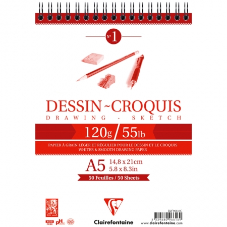 Скетчбук 50л. А5 на гребне Clairefontaine "Dessin croquis", 120г/м2