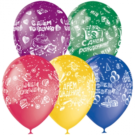 Воздушные шары, 25шт, M12/30см, "С Днем Рождения", пастель+декор, растровый рисунок