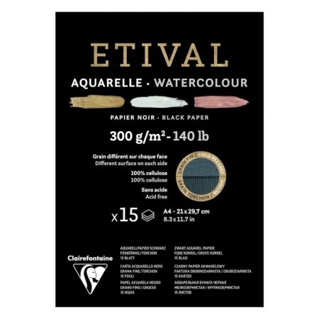 Альбом для акварели 15л., А4, на склейке Clairefontaine "Etival", 300г/м2, торшон,холод.пресс.,черн.
