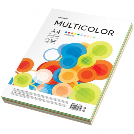 Бумага цветная OfficeSpace "Multicolor", A4, 80 г/м?, 200л., (10 цветов)