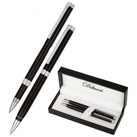 Набор "Delucci": ручка шариковая, 1мм и ручка-роллер, 0,6 мм., синие, корпус черный, подар. уп. 